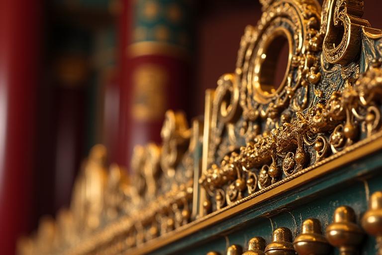 경복궁 근정전의 화려하게 복원된 금속 어좌 세부 장식