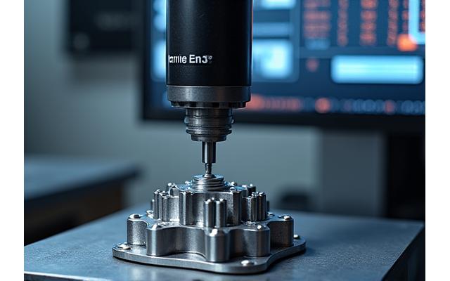 3차원 측정기로 정밀하게 가공된 금속 부품의 치수를 측정하는 모습