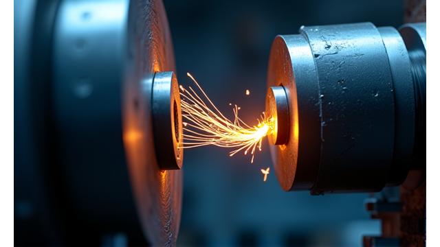 선반에서 금속 봉이 고속으로 회전하며 절삭 공구에 의해 가공되는 모습